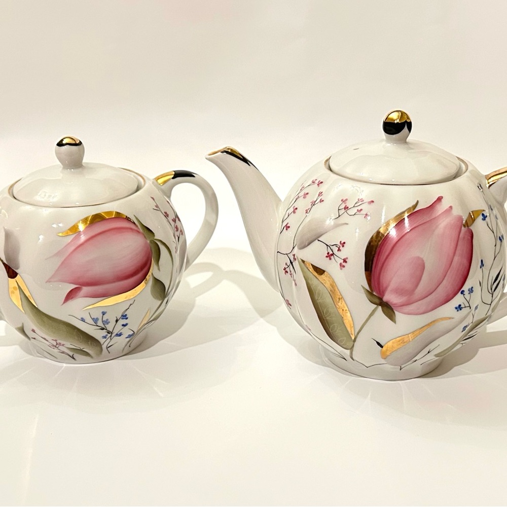 Russian IFZ Lomonosov LFZ Enamel Painting 22K Teapot Sugar Bowl Pink Tulips